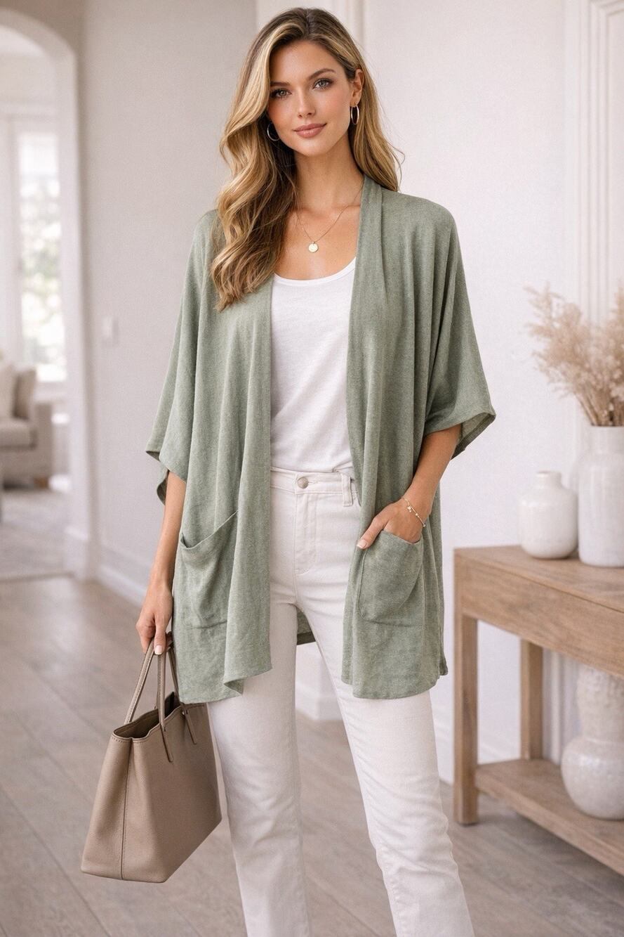 Eileen Fisher Womans Open Sweater Jacket S/M Sage Cardigan Minimalist Lagenlook